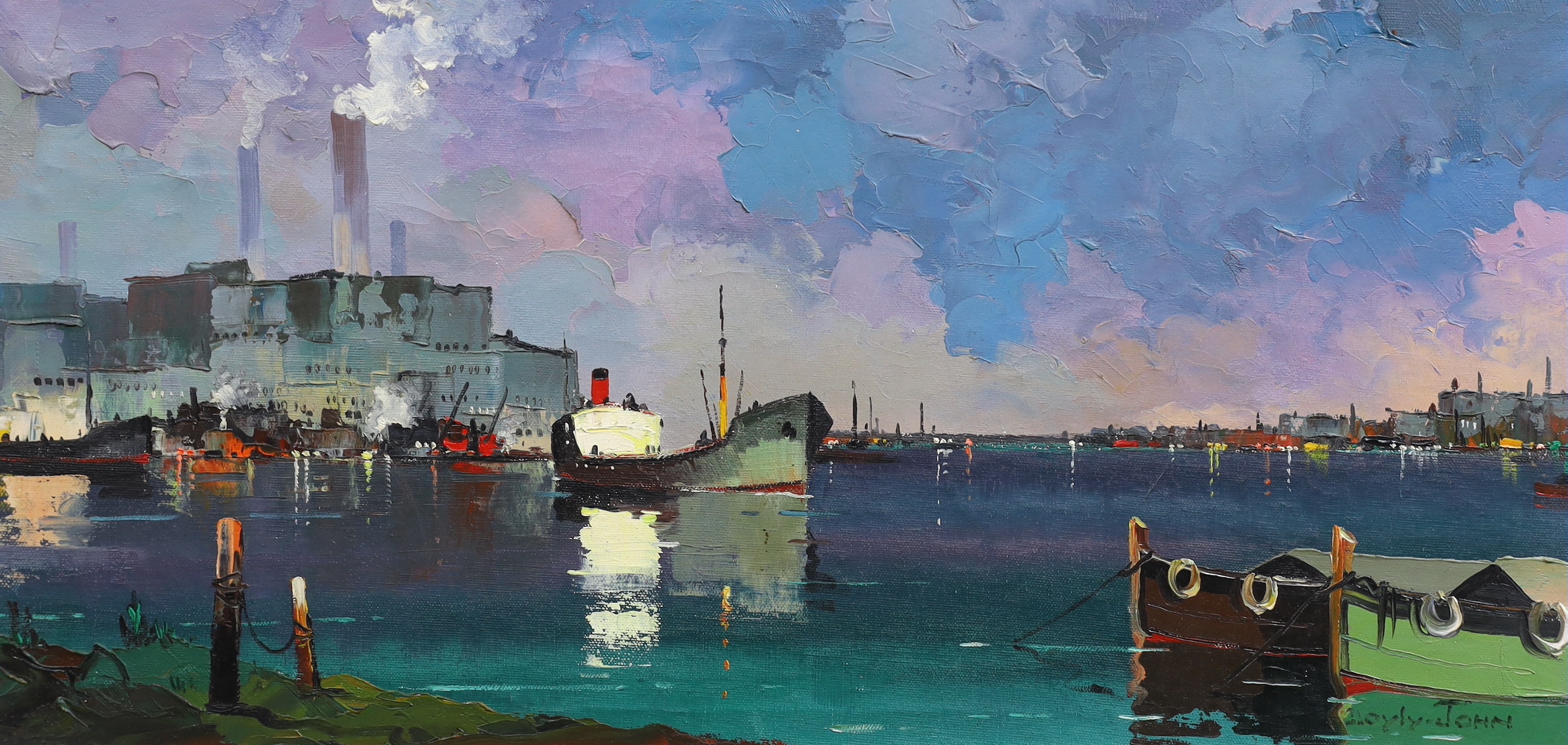 Cecil Rochfort D'Oyly John (English, 1906-1993), 'Shoreham Harbour, Sussex', oil on canvas, 35 x 71cm